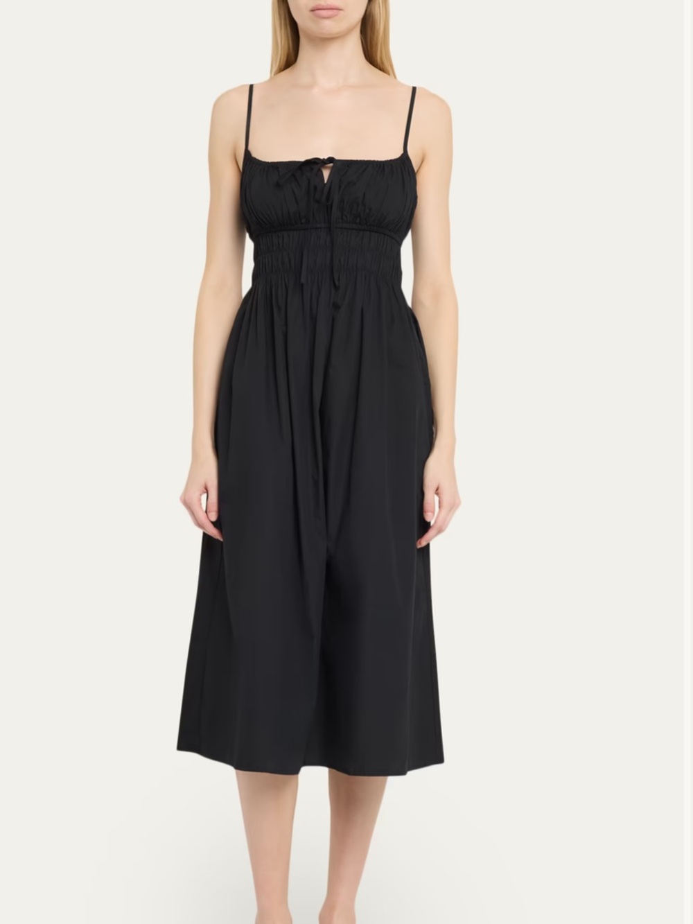 Ciao Lucia Black Smocked Midi Dress with Tie Neck